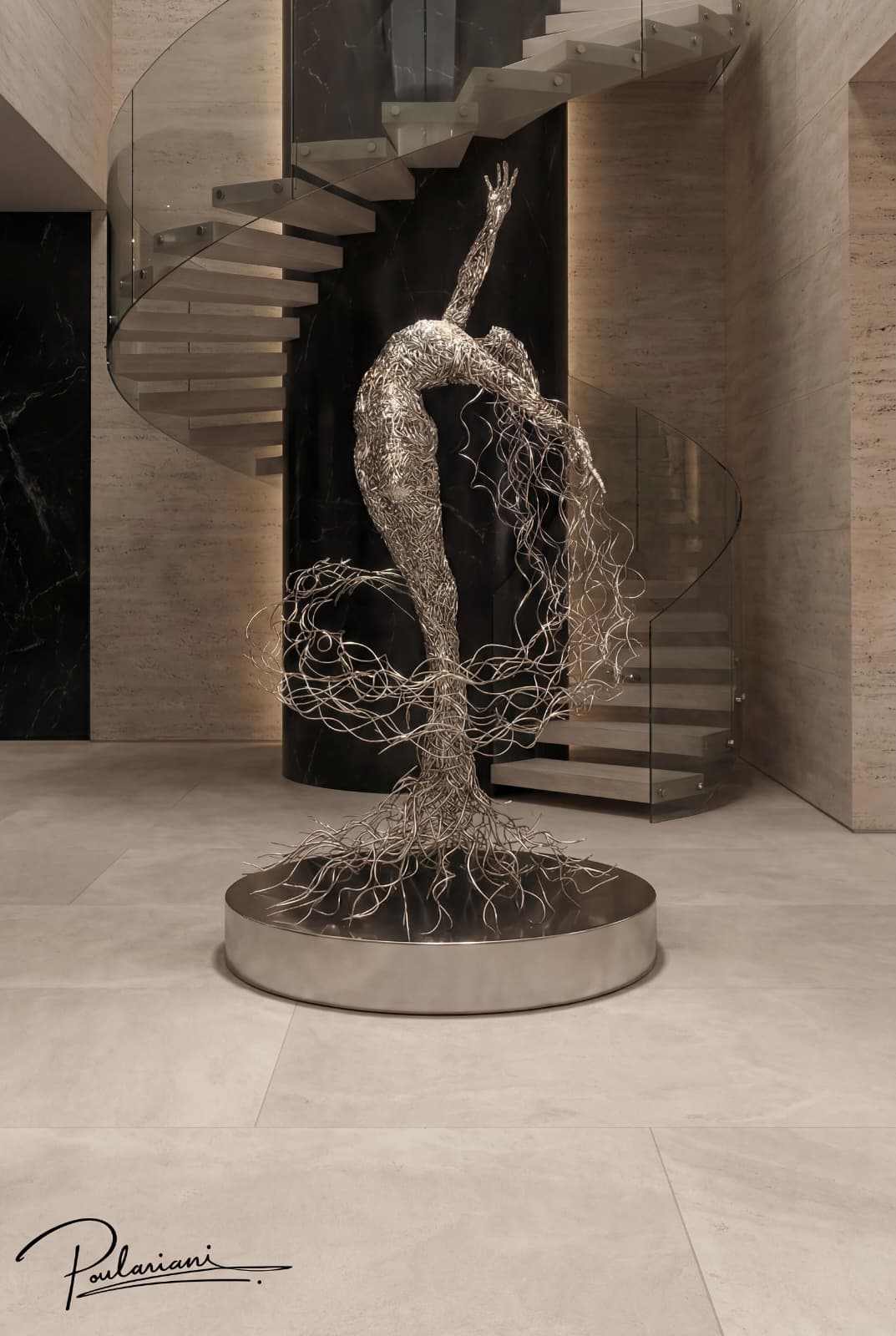 Figure sculpture by a staircase